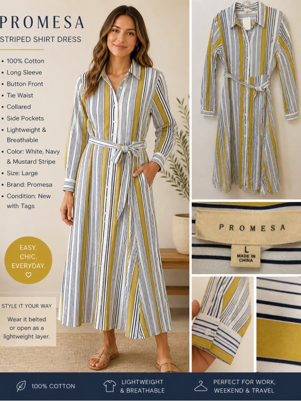 Promesa Striped Button-Front Midi Dress in White, Navy & Mustard